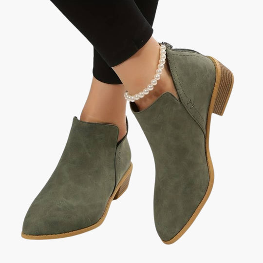 Women's Ankle Boots with Pointed Toe and Stacked Block Heel