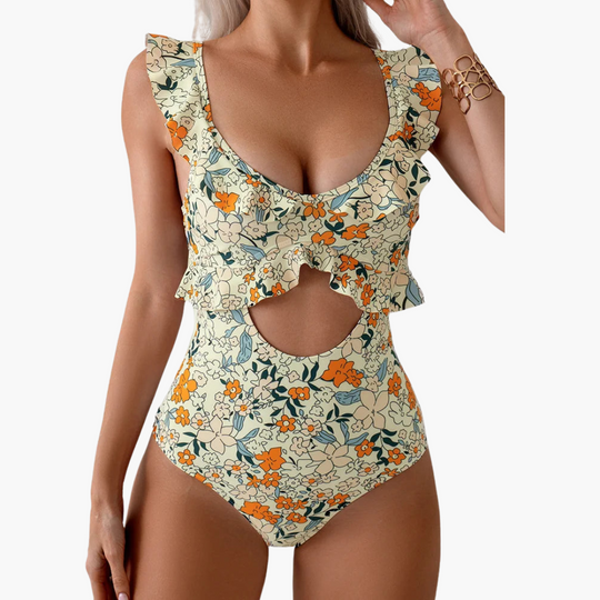 Women’s One - Piece Swimsuit with Floral Pattern and Ruffle Detailing
