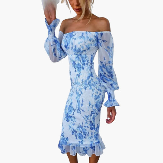 Women's Floral Midi Dress with Off-the-Shoulder Neckline and Sheer Sleeves