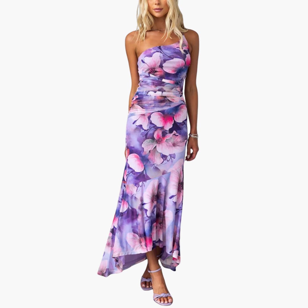 Women’s Midi Dress with Floral Print and Asymmetrical Hem
