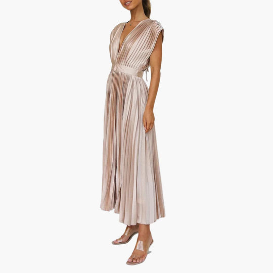 Women’s Midi Dress with Pleated Design and Cap Sleeves