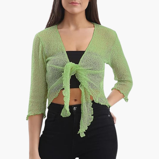 Women's Tie-Up Bolero Top with Sheer Fishnet Knit and Three-Quarter Sleeves