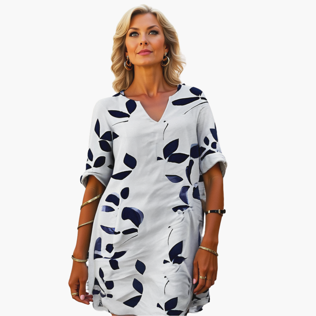 Women’s Short Dress with V-Neckline and Rolled Sleeves