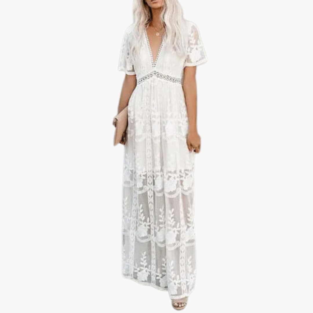 Women’s Lace Sleeveless Dress with V-Neckline and Tassel Tie