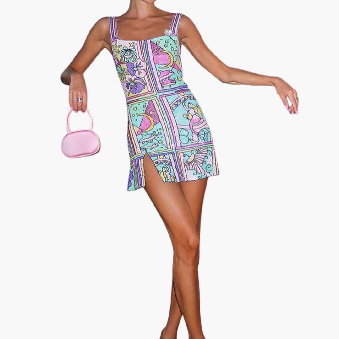 mermaid inspired mini dress Women's Sleeveless Mini Dress with Square Neckline and Mermaid-Inspired  Graphic Print
