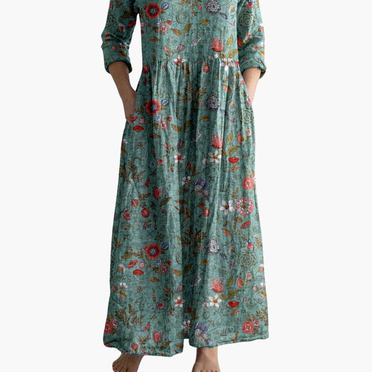 Women’s Long Floral Dress with V-Neckline and Side Pockets