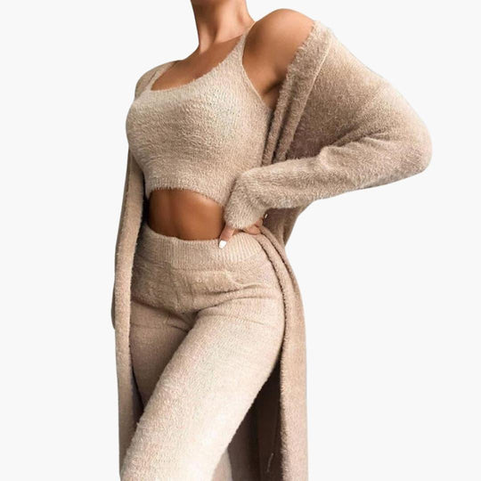 Women's 3-Piece Loungewear Set with Cardigan and Cropped Top