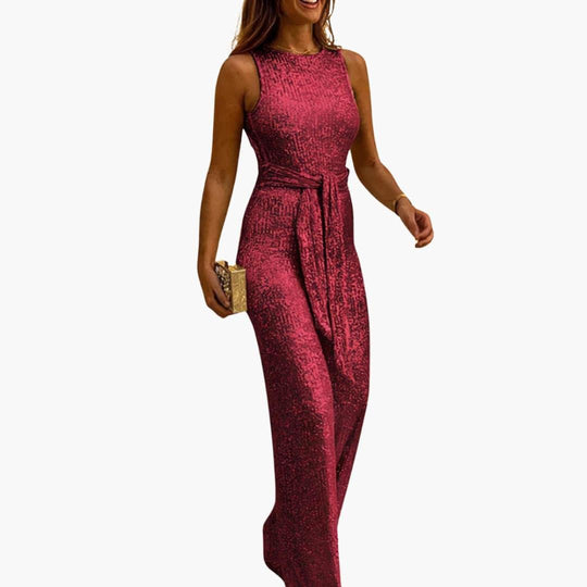 Women's Glitter Jumpsuit with Backless Design and Tie Belt