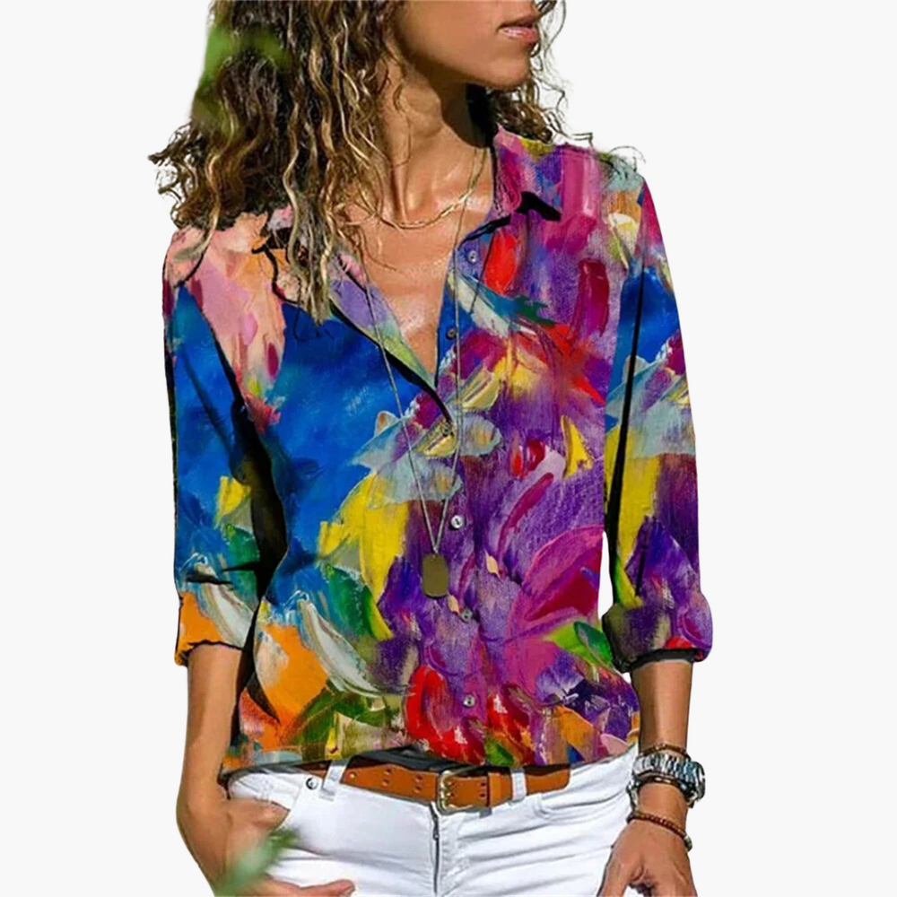 Women’s Printed Shirt with Collar and Button Fastening