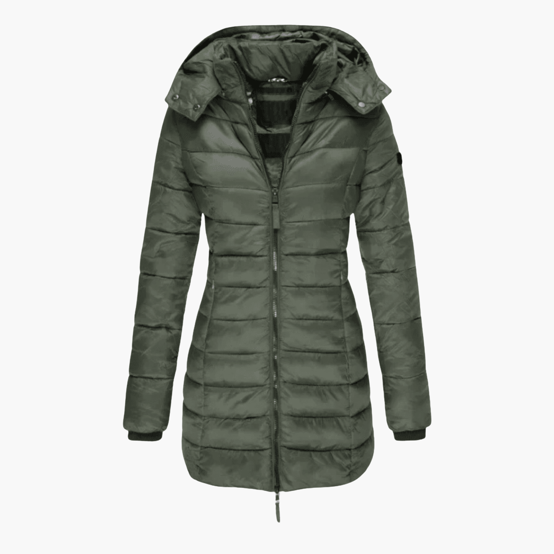 Women’s Hooded Quilted Puffer Coat with Detachable Hood and Tailored Fit