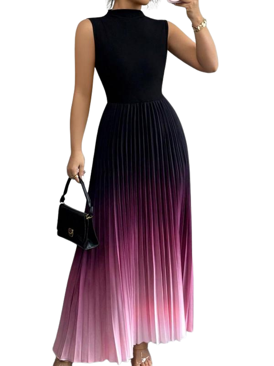 Women's Sleeveless Evening Dress with Pleated Skirt and Ombre Design