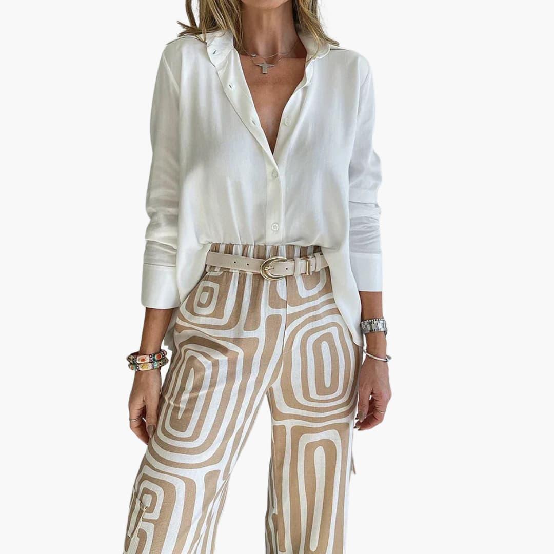 Women's Two-Piece Set with Long-Sleeve Shirt and Printed Wide-Leg Trousers