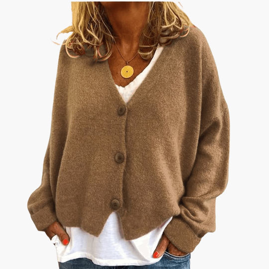 Women's Knitted Button Cardigan with V-Neckline and Long Sleeves