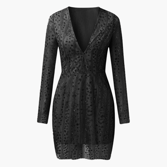 Women’s Sequin Mini Dress with Deep V-Neckline and Long Sleeves