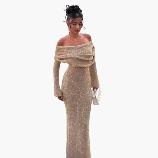 Women’s Off-Shoulder Maxi Dress with Decorative Finish
