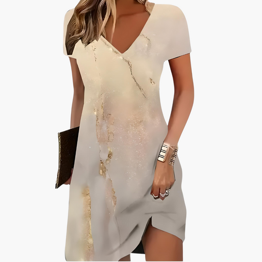 Women’s Short Dress with V Neckline and Asymmetric Hem