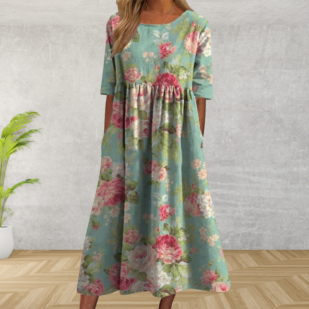 Women's Midi Dress with Embroidered Accents and Relaxed Fit