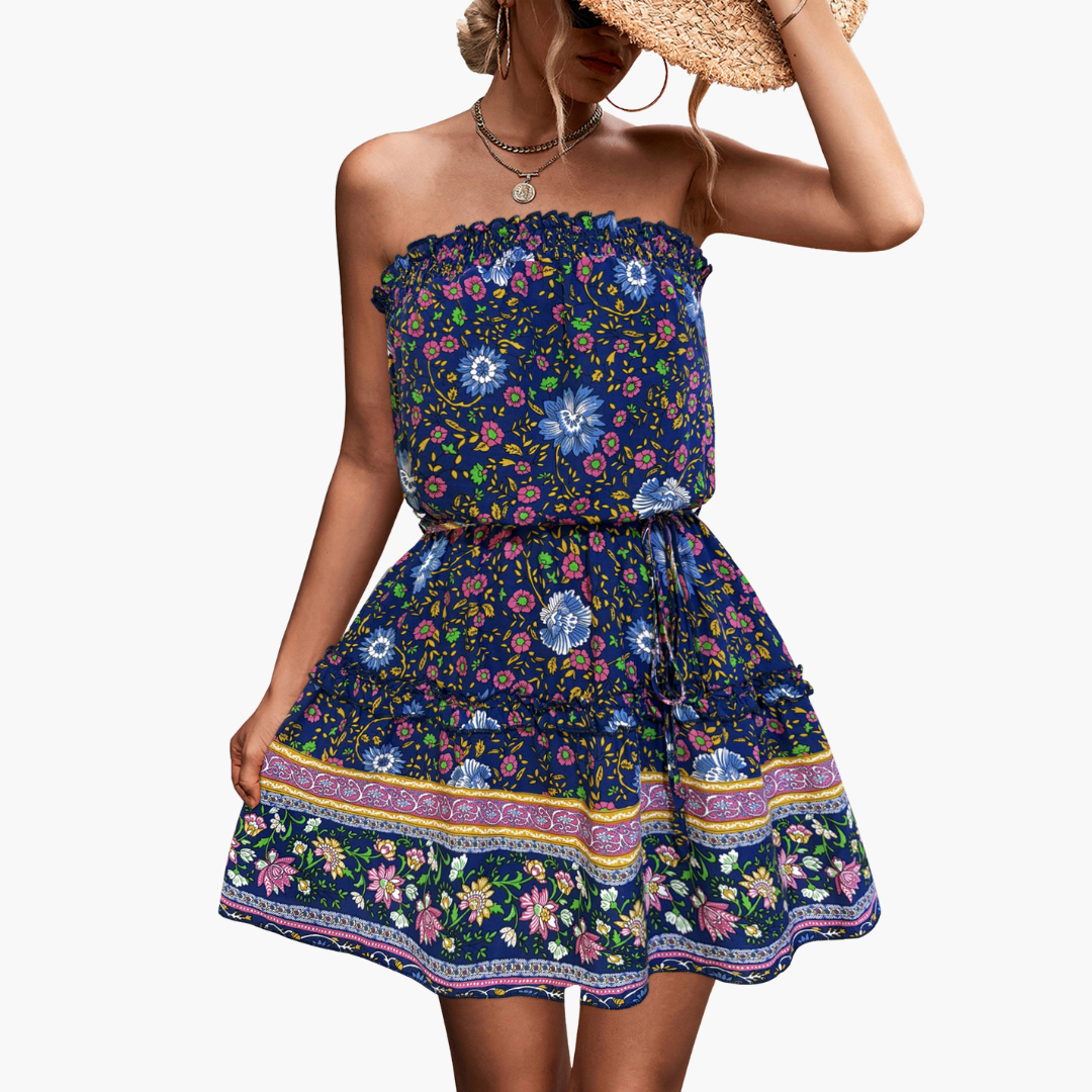 Women’s Strapless with Floral Mini Dress and Adjustable Drawstring