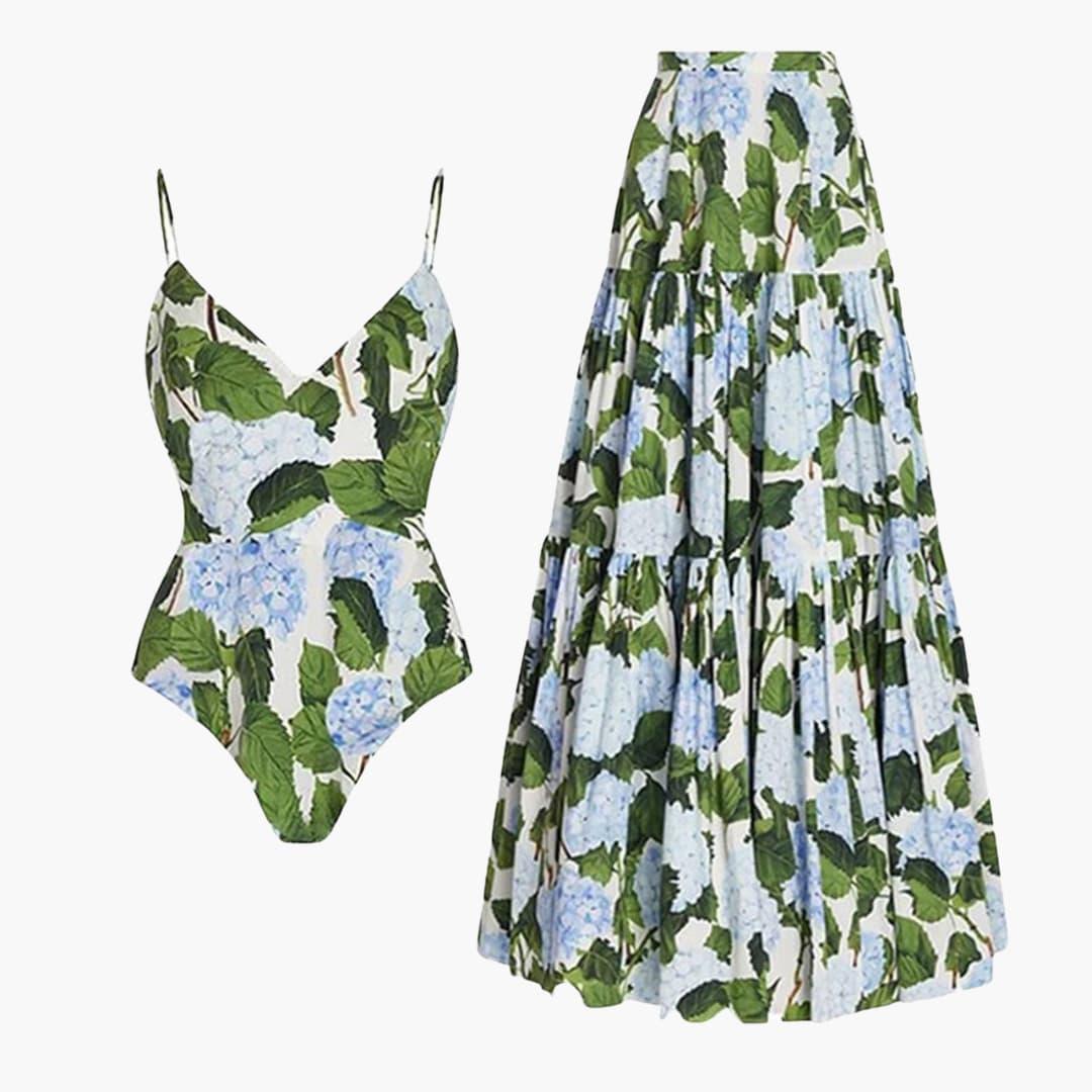Women’s Swimdress with Attached Skirt and Floral Print