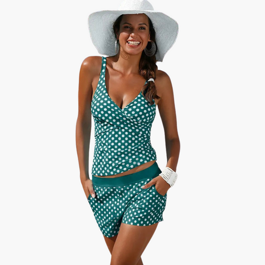 Women’s Tankini Set with Swim Shorts and Polka Dot Print