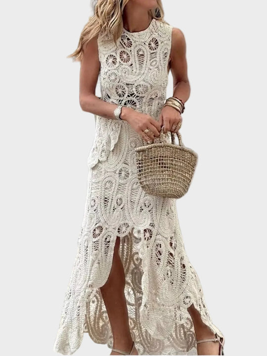 Women's Crochet Sleeveless Tank and Skirt Set with Openwork Design and Asymmetrical Hem