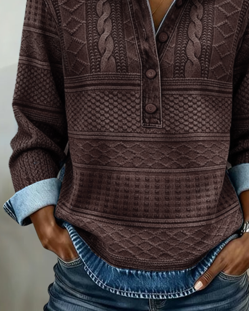 Women's Sweatshirt with Half Button and Denim-Style Collar