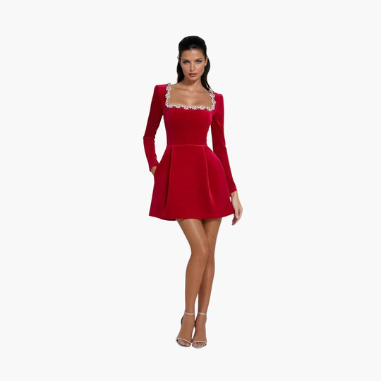 Women's Mini Dress with Square Neckline and Long Sleeves