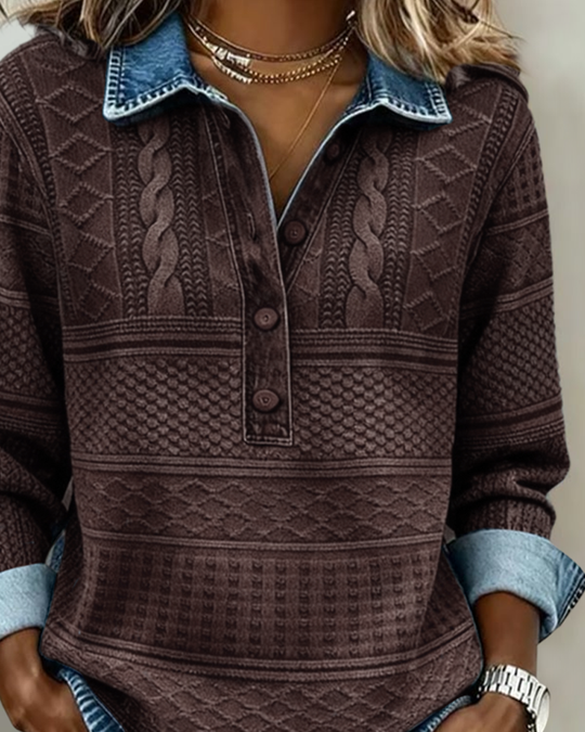 Women's Sweatshirt with Half Button and Denim-Style Collar