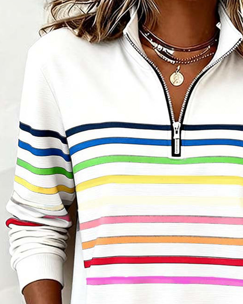 Women's Sweatshirt with Stripes and Half-Zip Design