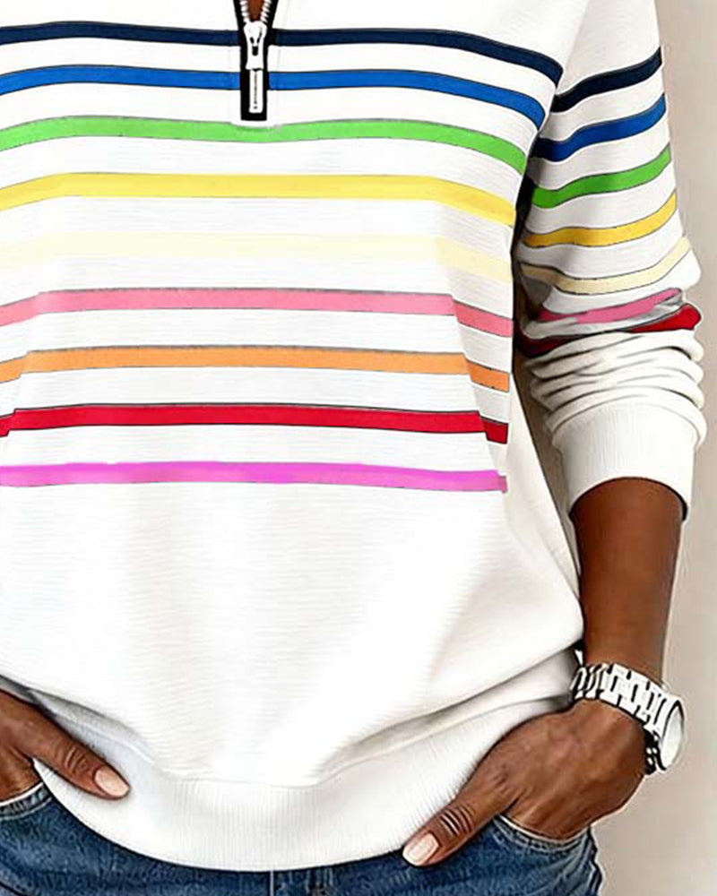 Women's Sweatshirt with Stripes and Half-Zip Design