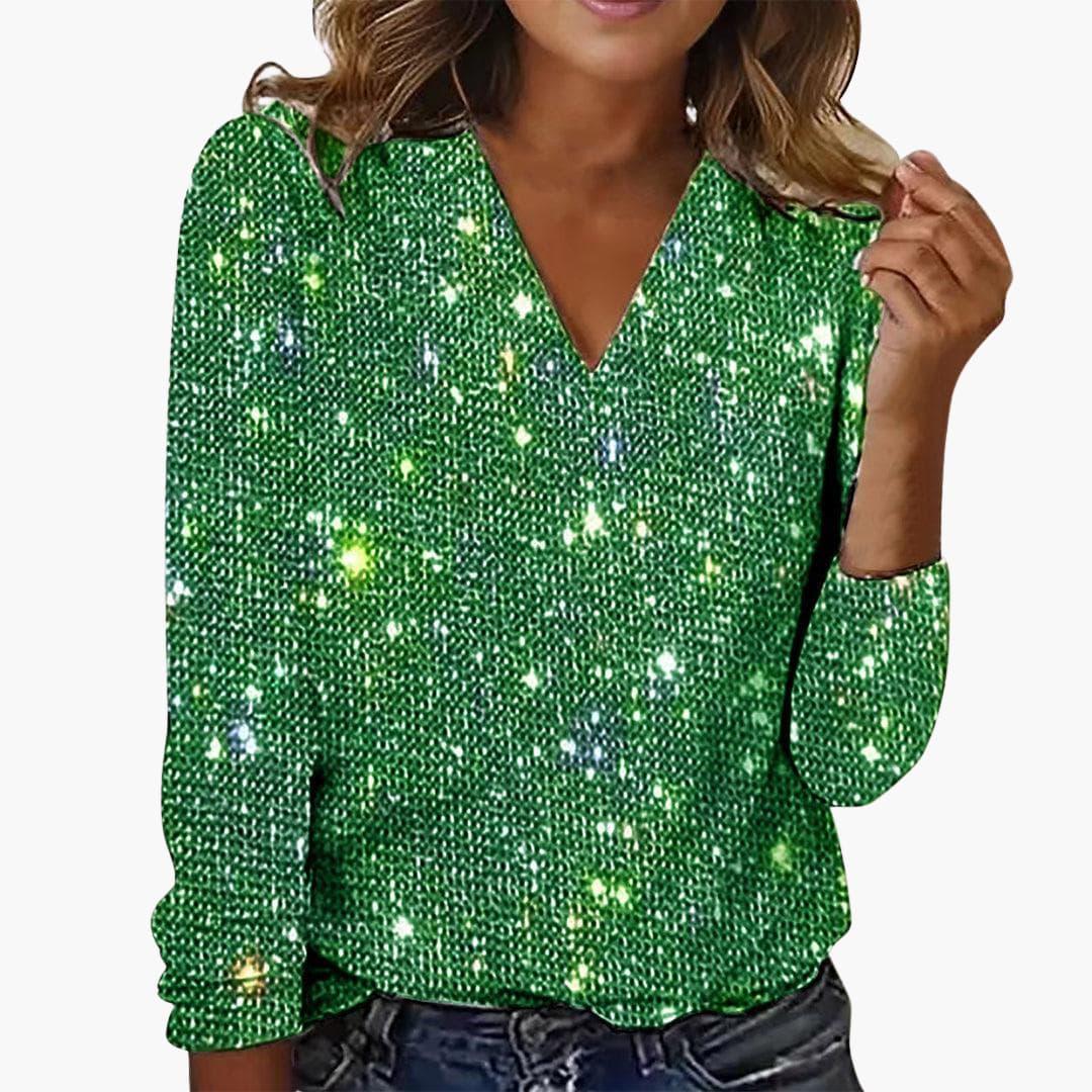 Women’s Glitter Top with V-Neckline and Diamond-Inspired Accents
