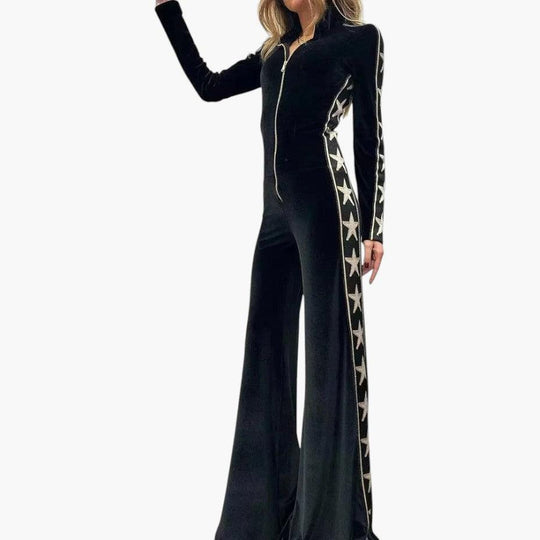 Women's Velvet Jumpsuit with Star-Print Design and Zip Front Closure