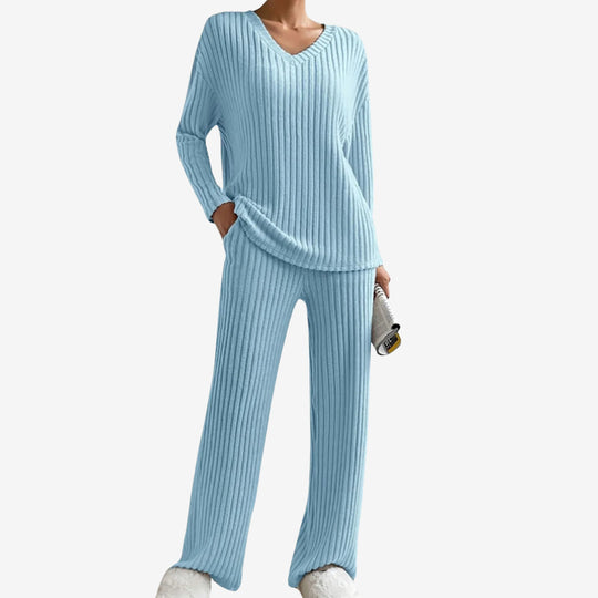 Women’s Ribbed Two-Piece Lounge Set with Long Sleeve Top and Trousers