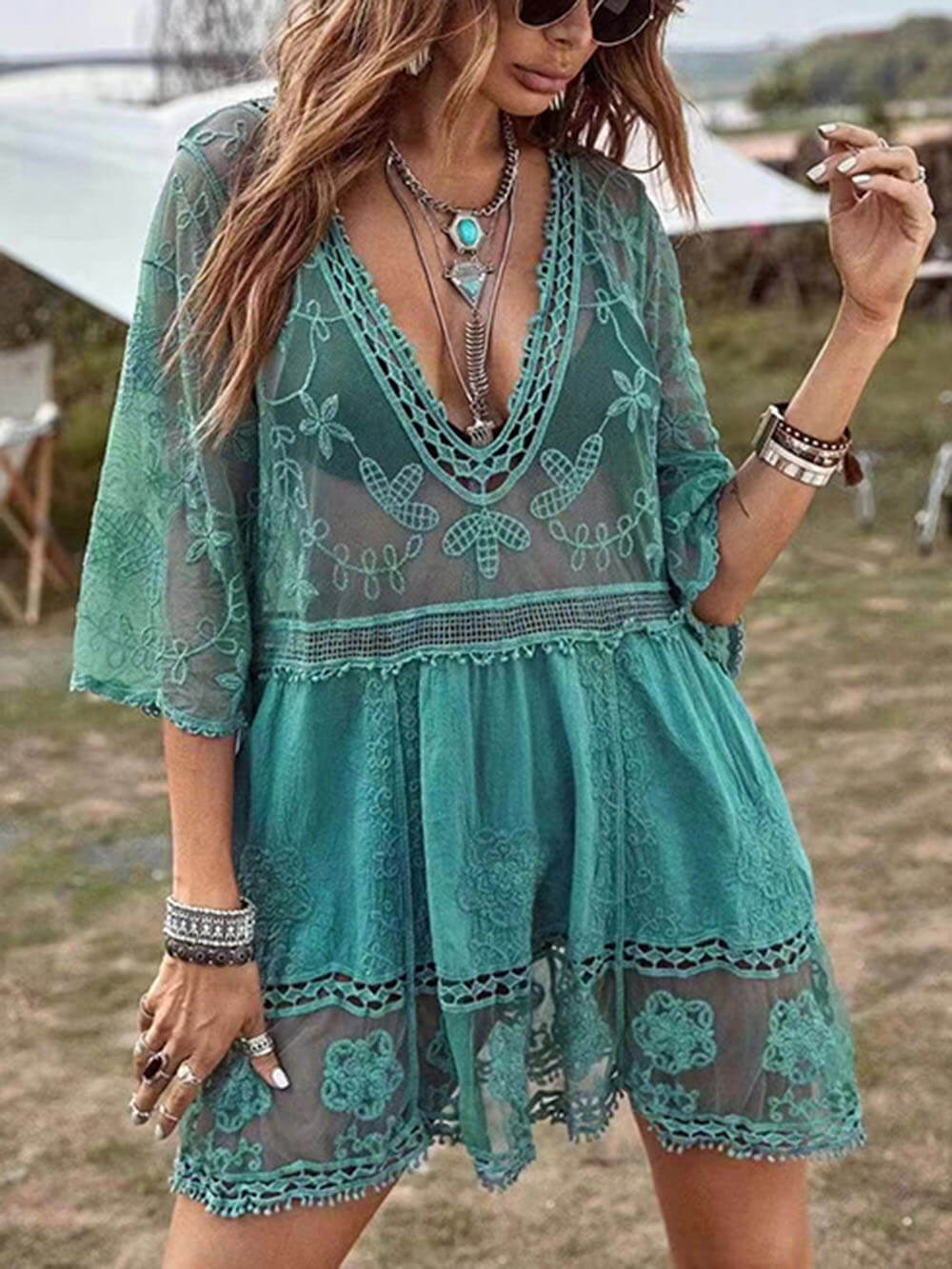 Women's Beach Vacation Cover-Up Dress with Lace Detailing and Loose Fit
