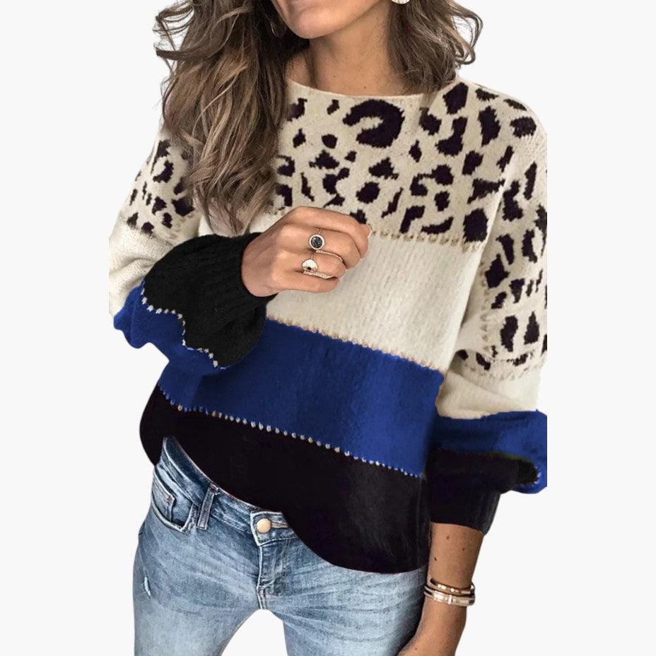 Women’s Knit Sweater with Leopard Print and Long Sleeves