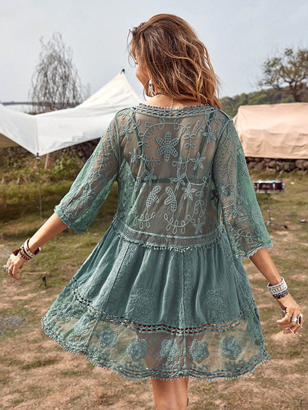 Women's Beach Vacation Cover-Up Dress with Lace Detailing and Loose Fit