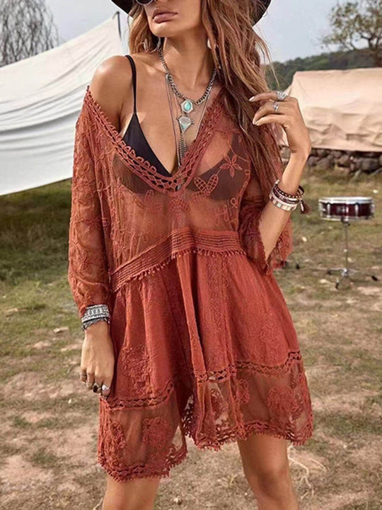 Women's Beach Vacation Cover-Up Dress with Lace Detailing and Loose Fit