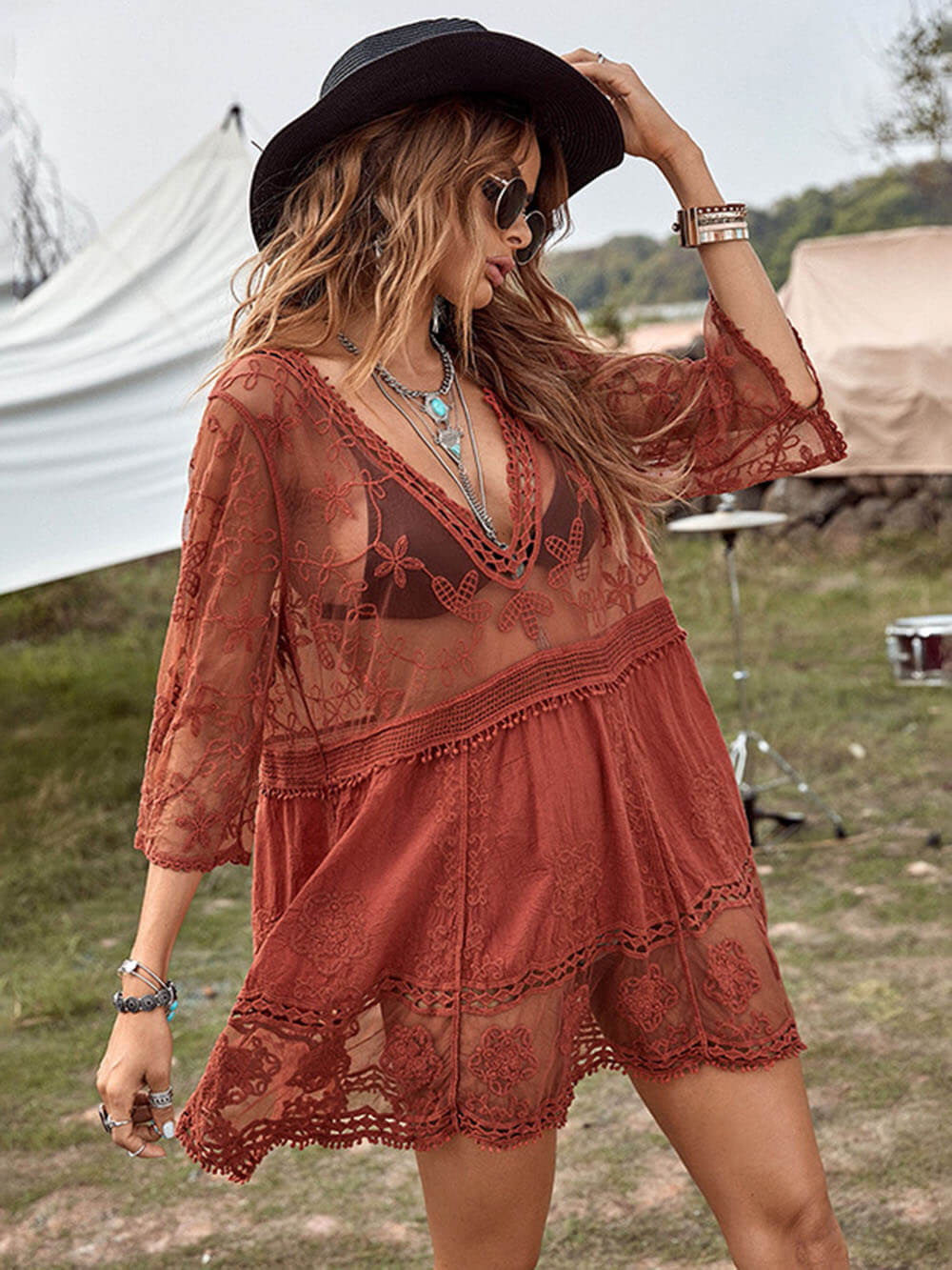 Women's Beach Vacation Cover-Up Dress with Lace Detailing and Loose Fit