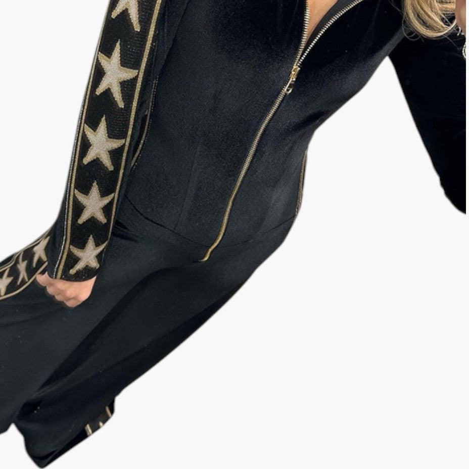 Women's Velvet Jumpsuit with Star-Print Design and Zip Front Closure