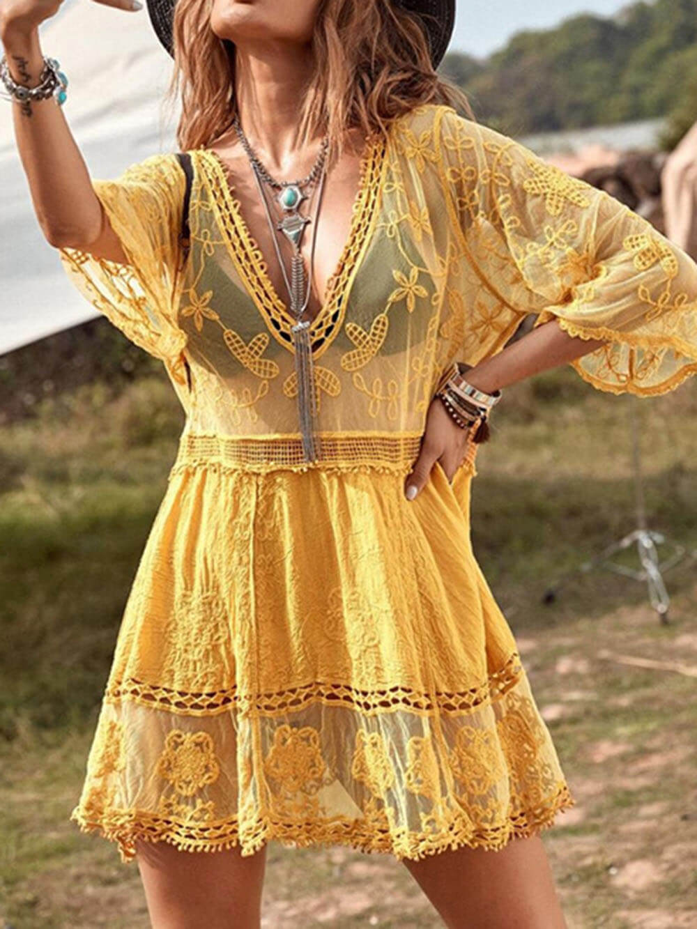 Women's Beach Vacation Cover-Up Dress with Lace Detailing and Loose Fit