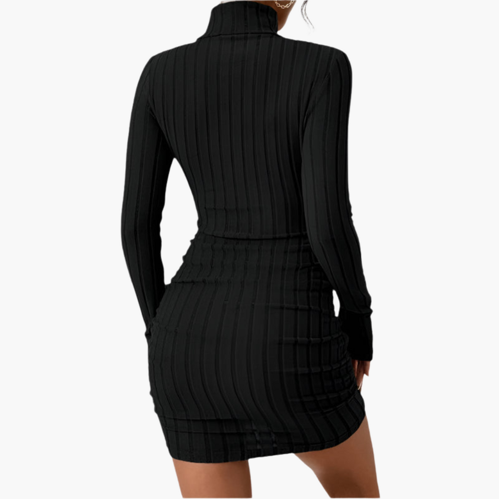 Women’s Turtleneck Dress with Ribbed Texture and Long Sleeves