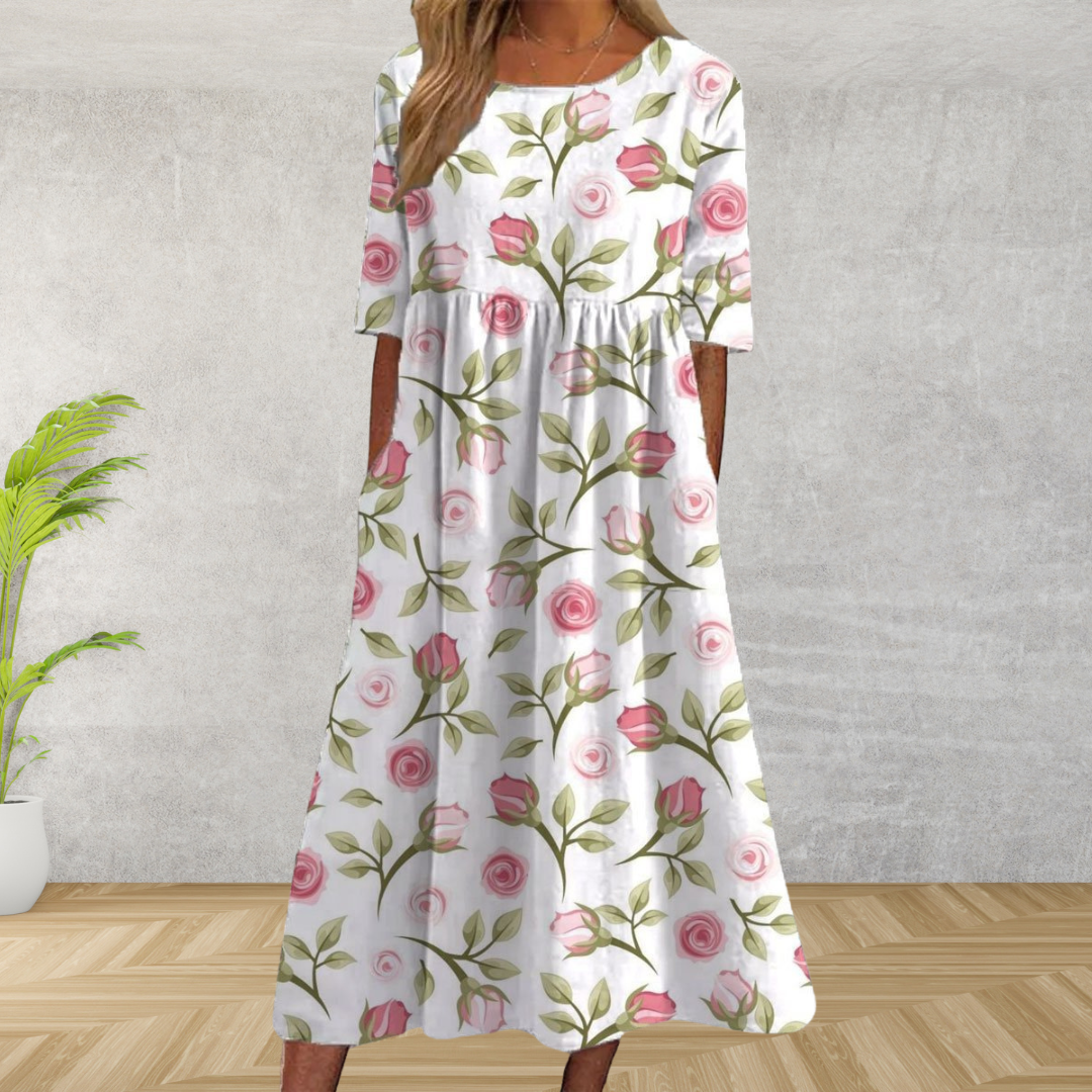 Women's Midi Dress with Embroidered Accents and Relaxed Fit