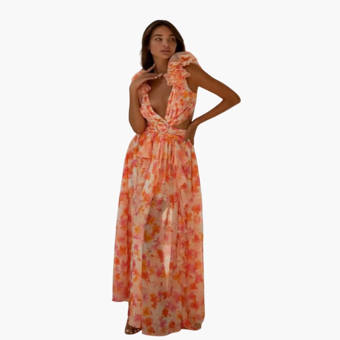 Women Maxi Dress with V-Neck and Open-Back Design