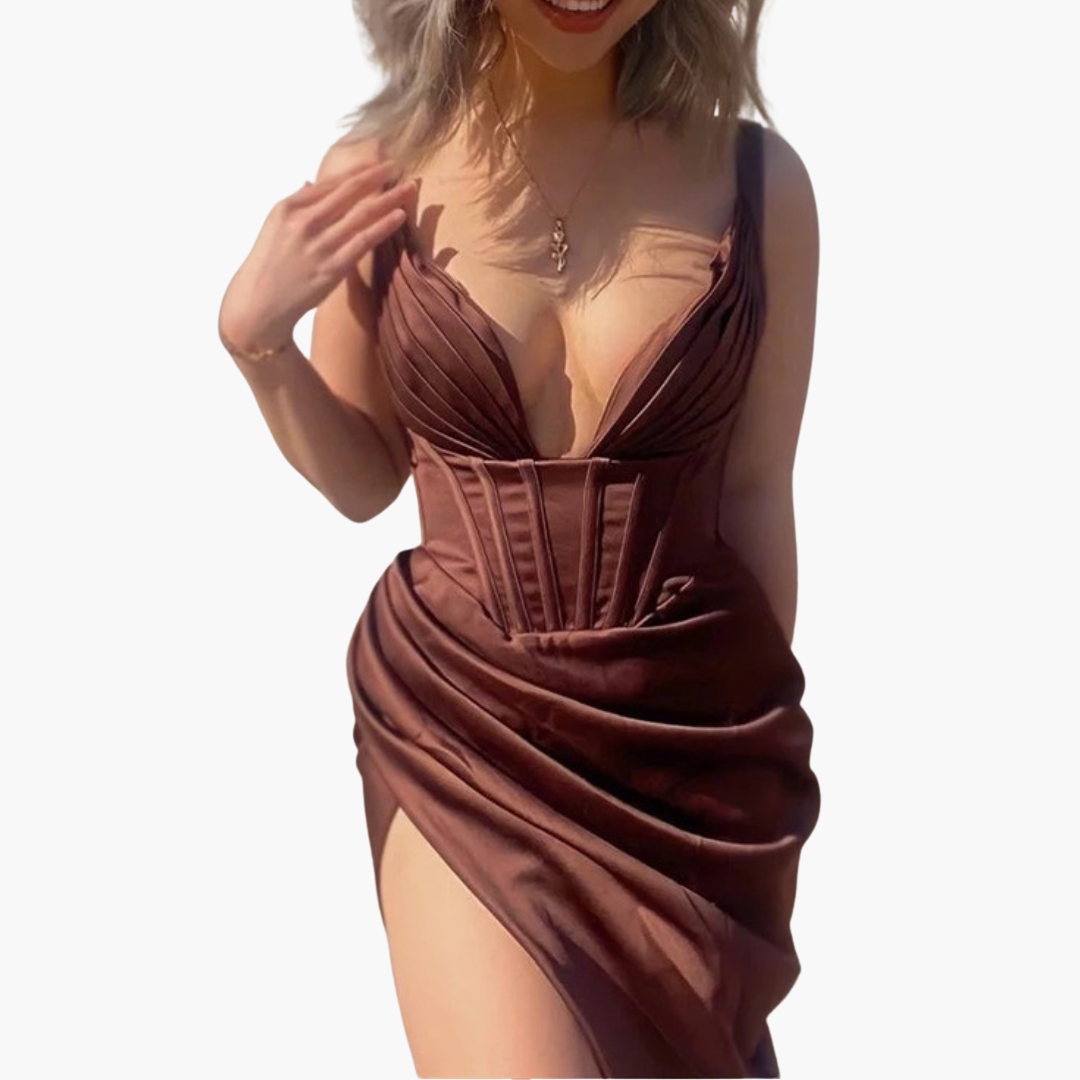 Women’s Satin Midi Dress with Deep V Neckline and Cinched Waist