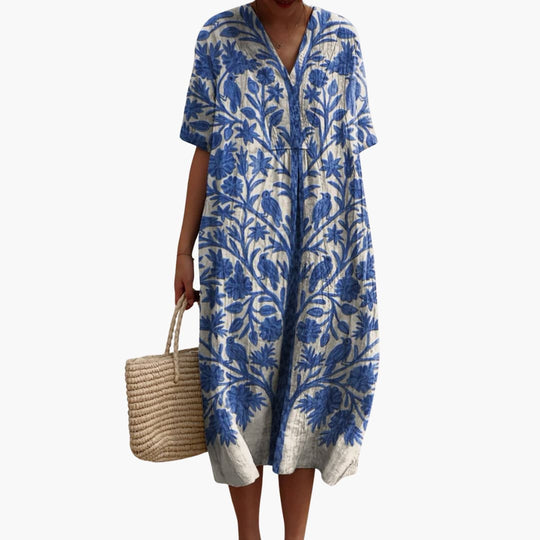 Women's Midi Dress with V-Neck, Short Sleeves, and Floral Print