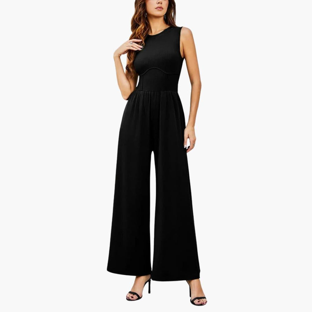 Women's Sleeveless Jumpsuit with Round Neckline and Wide-Leg Cut