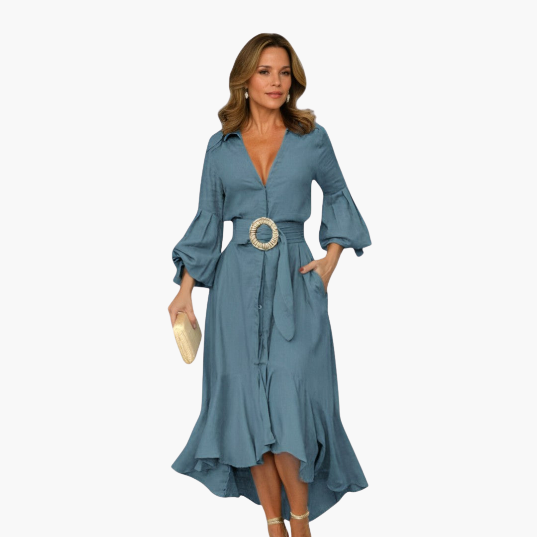 Women’s Midi Dress with Belt and Ruffle