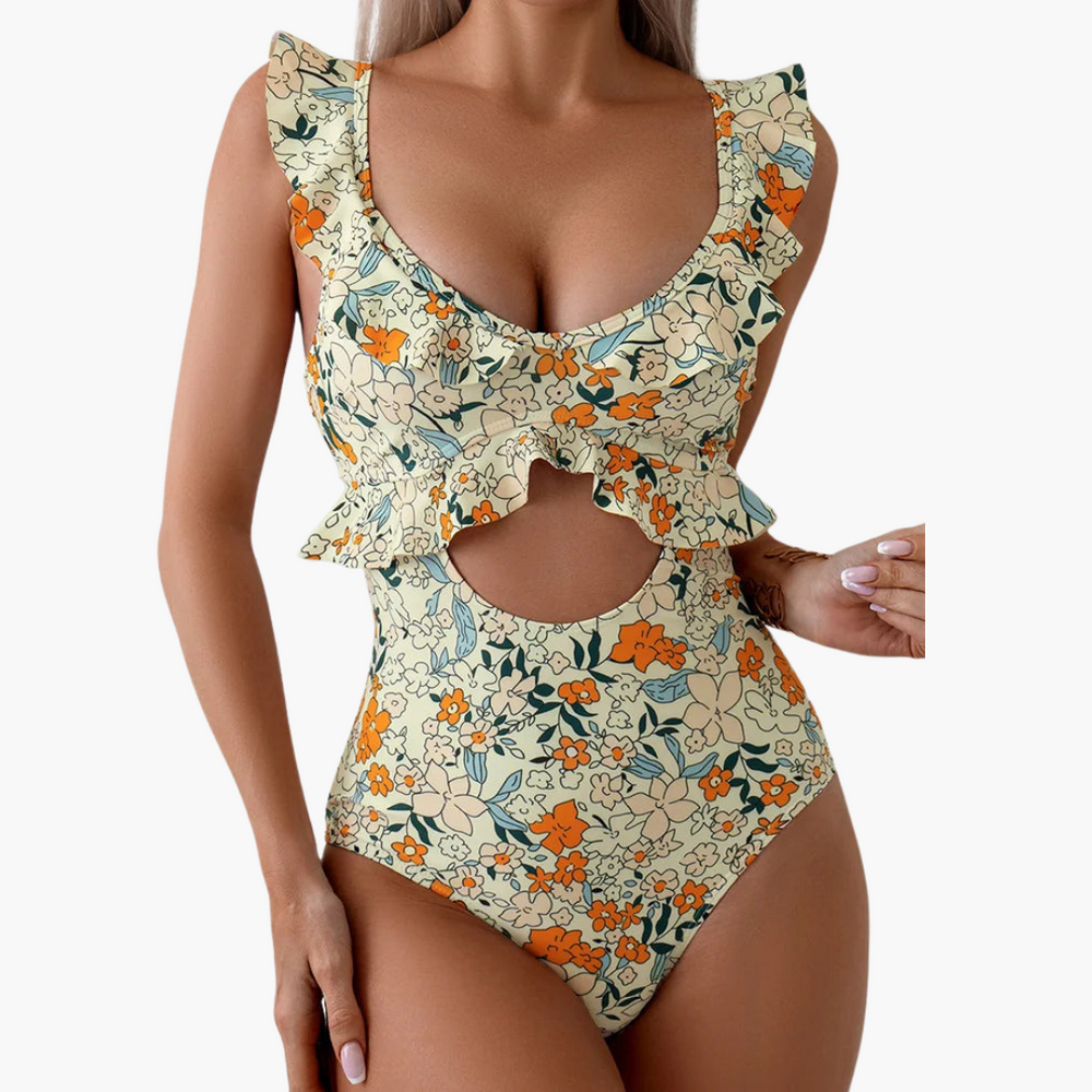 Women’s One - Piece Swimsuit with Floral Pattern and Ruffle Detailing