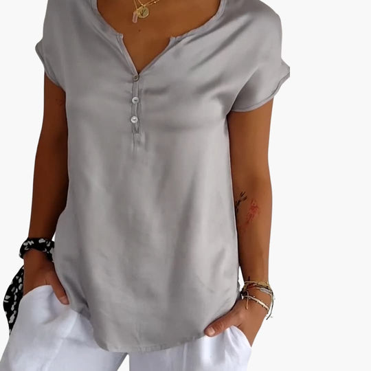 Women’s Short-Sleeve Top with V-Neck and Buttons
