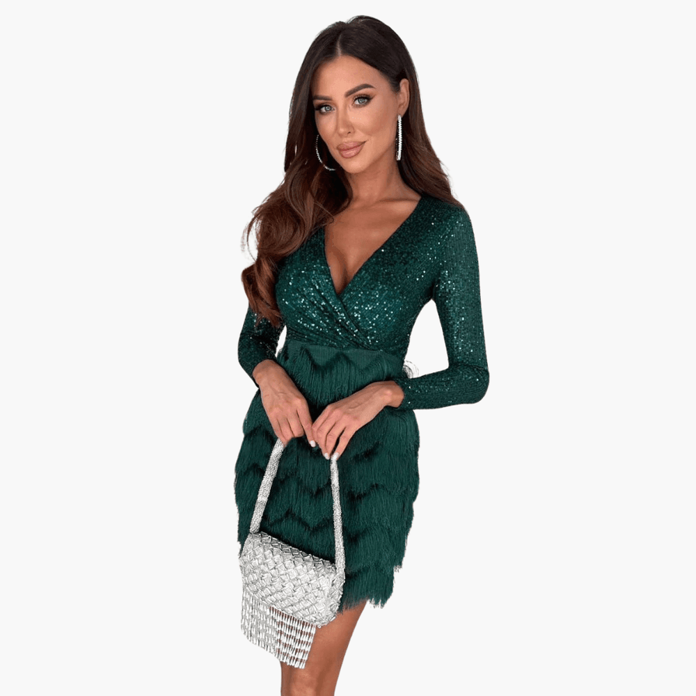 Women’s Bodycon Dress with V-Neck and Fringe Detailing